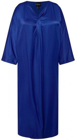 Ulla Popken 821110 Satijnen jurk met korte mouwen en V-hals Donkerblauw - Avondjurken - Grote maten avondkleding