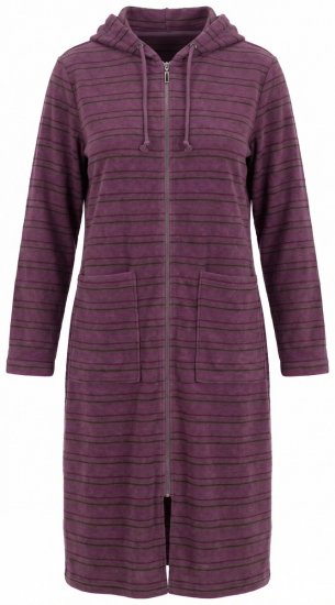 Ulla Popken 821543 Gestreepte badstof badjas met rits Bruin - Ochtendjassen & badjassen - 