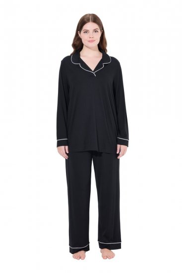 Ulla Popken 823030 Pyjama met overhemdkraag Zwart - Pyjama's en Loungewear - 