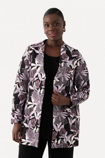 Ulla Popken 823967 Gebloemde jacquard blazer met driekwartmouwen Zwart - Blazers - Damesblazers in grote maten