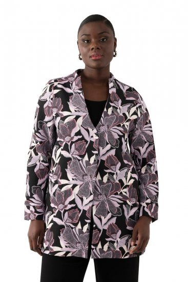 Ulla Popken 823967 Gebloemde jacquard blazer met driekwartmouwen Zwart - Blazers - Damesblazers in grote maten
