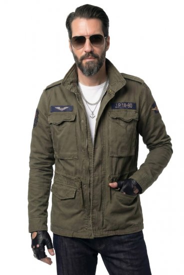 JP1880 Field Jacket with Badges Vintage Look TALL Moss Green - TALL jassen - Jassen in TALL-maten