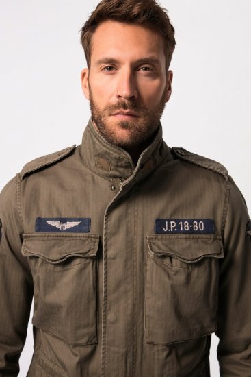 JP1880 Field Jacket with Badges Vintage Look TALL Moss Green - TALL jassen - Jassen in TALL-maten