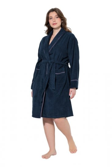 Ulla Popken 826794 Badstof badjas Donkerblauw - Ochtendjassen & badjassen - 