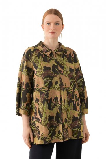 Ulla Popken 827217 Blouse met korte mouwen en savanneprint Zwart - Blouseshirts - Overhemdblouses in grote maten