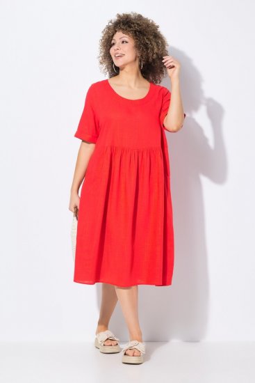 Ulla Popken 829837 Jurk van linnenmix met korte mouwen Rood - Zomerjurken - Grote maten zomerjurken voor dames
