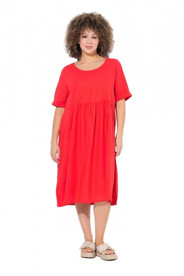 Ulla Popken 829837 Jurk van linnenmix met korte mouwen Rood - Zomerjurken - Grote maten zomerjurken voor dames