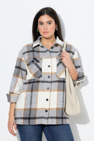 Ulla Popken 831641 Geruit overshirt van wolmix Antraciet - Jassen - Grote maten jassen voor dames