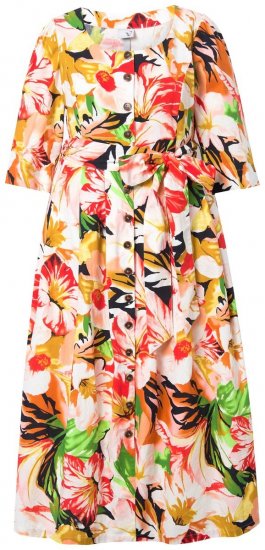 Ulla Popken 832512 Gebloemde jurk van linnenmix met driekwartmouwen Rood - Maxi jurken - Grote maten maxi jurken