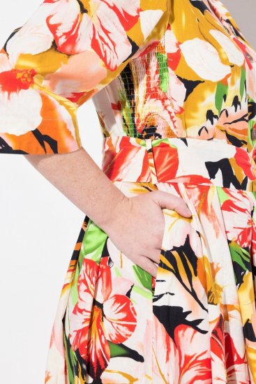 Ulla Popken 832512 Gebloemde jurk van linnenmix met driekwartmouwen Rood - Maxi jurken - Grote maten maxi jurken