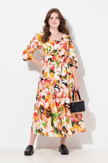 Ulla Popken 832512 Gebloemde jurk van linnenmix met driekwartmouwen Rood - Maxi jurken - Grote maten maxi jurken