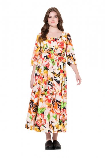Ulla Popken 832512 Gebloemde jurk van linnenmix met driekwartmouwen Rood - Maxi jurken - Grote maten maxi jurken
