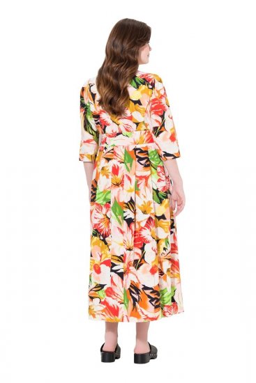 Ulla Popken 832512 Gebloemde jurk van linnenmix met driekwartmouwen Rood - Maxi jurken - Grote maten maxi jurken