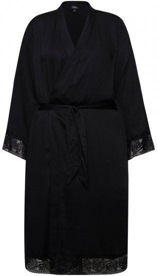 Ulla Popken 834837 Kimono badjas met kant Zwart - Ochtendjassen & badjassen - 