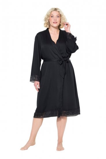 Ulla Popken 834837 Kimono badjas met kant Zwart - Ochtendjassen & badjassen - 