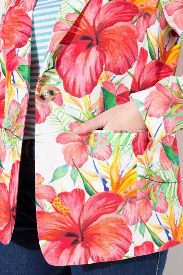 Ulla Popken 835230 Katoenen blazer met bloemen Rood - Blazers - Damesblazers in grote maten