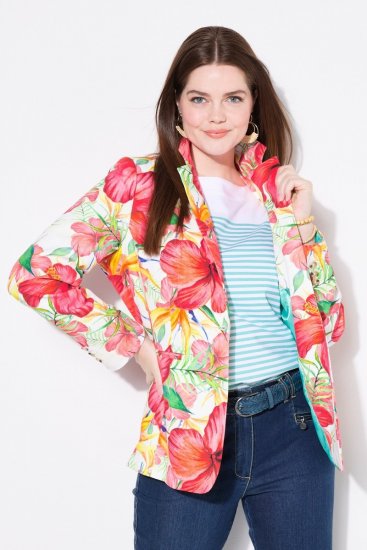 Ulla Popken 835230 Katoenen blazer met bloemen Rood - Blazers - Damesblazers in grote maten