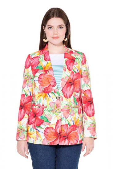 Ulla Popken 835230 Katoenen blazer met bloemen Rood - Blazers - Damesblazers in grote maten