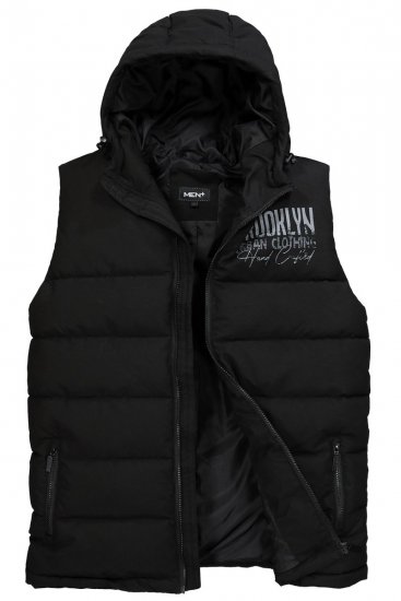 Men+ 442 Bodywarmer gewatteerd met capuchon en print Zwart - Jassen - Grote Maten Herenjassen