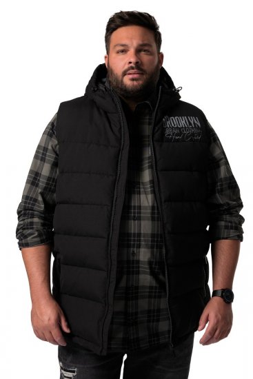Men+ 442 Bodywarmer gewatteerd met capuchon en print Zwart - Jassen - Grote Maten Herenjassen
