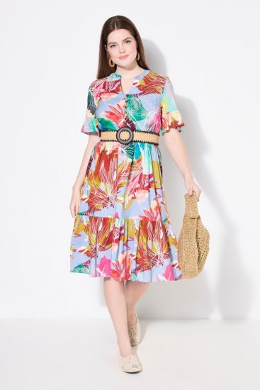 Ulla Popken 836746 Gebloemde midi-jurk met ruches Lichtblauw - Midi jurken - Midi-jurken in grote maten