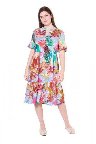 Ulla Popken 836746 Gebloemde midi-jurk met ruches Lichtblauw - Midi jurken - Midi-jurken in grote maten