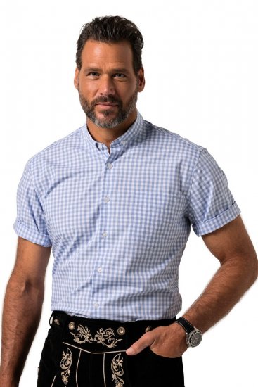 JP1880 Shirt Traditional Short Sleeve Checked Light Blue - Hemden - Overhemden Grote Maten Heren