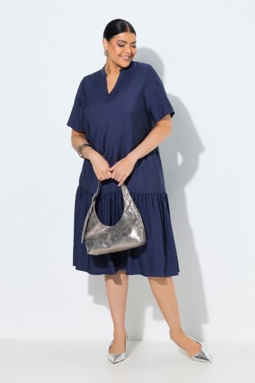 Ulla Popken 840367 Midi-jurk met korte mouwen en V-hals Donkerblauw - Midi jurken - Midi-jurken in grote maten