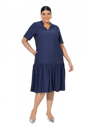Ulla Popken 840367 Midi-jurk met korte mouwen en V-hals Donkerblauw - Midi jurken - Midi-jurken in grote maten