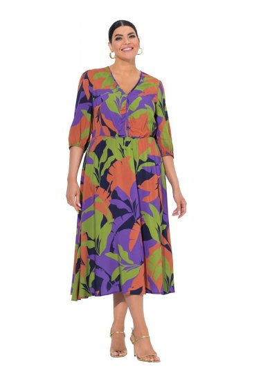 Ulla Popken 841034 Bedrukte jurk met driekwartmouwen Donkerblauw - Maxi jurken - Grote maten maxi jurken
