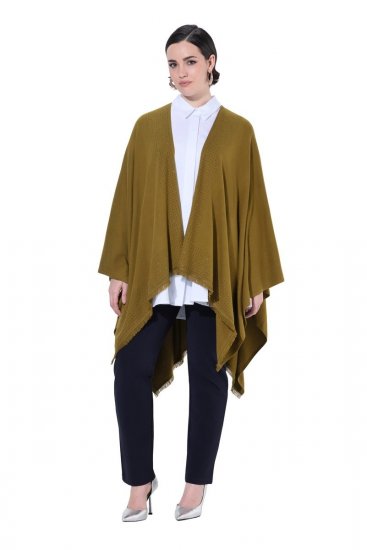 Ulla Popken 841117 Oversized gebreide poncho met strass Olijfgroen - Poncho's & capes - 