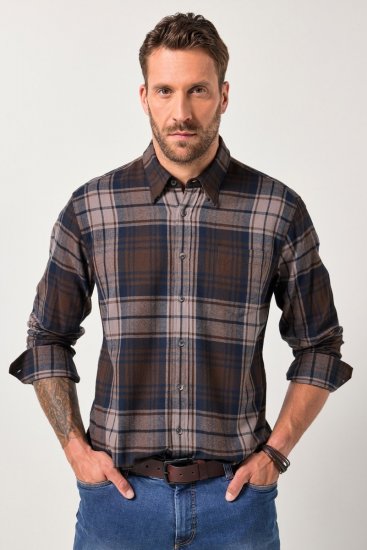 JP1880 Shirt Flannel Long Sleeve Dark Brown - Hemden - Overhemden Grote Maten Heren