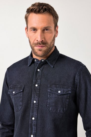 JP1880 Denim Shirt Flexnamic Long Sleeve Navy - Hemden - Overhemden Grote Maten Heren