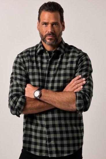 JP1880 Checked Flannel Shirt Long Sleeve Eucalyptus Green - Hemden - Overhemden Grote Maten Heren