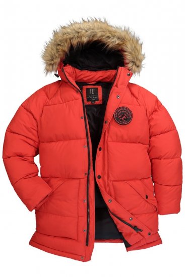JP1880 Parka Quilted Faux Fur Hood Red - Jassen - Grote Maten Herenjassen