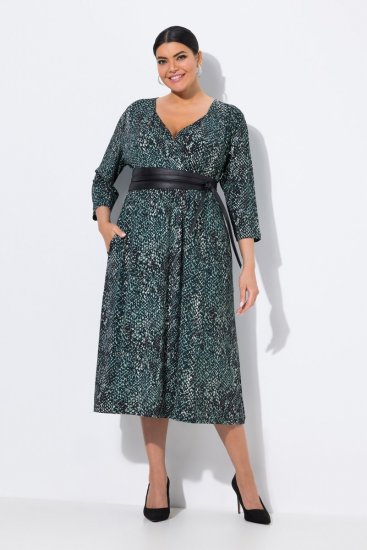Ulla Popken 841839 Jersey jurk met dierenprint en driekwartmouwen Donkergroen - Midi jurken - Midi-jurken in grote maten