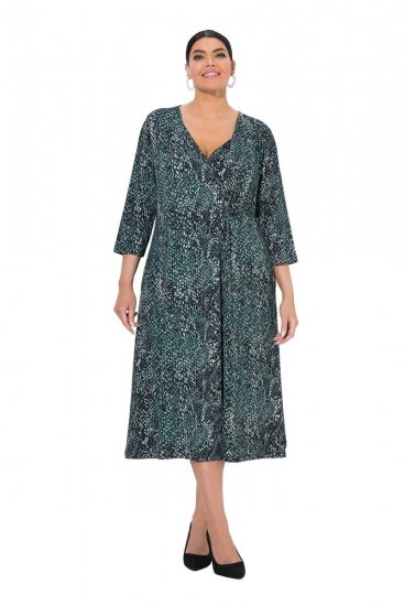 Ulla Popken 841839 Jersey jurk met dierenprint en driekwartmouwen Donkergroen - Midi jurken - Midi-jurken in grote maten