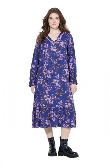 Ulla Popken 841873 Gebloemde midi-jurk Donkerblauw - Midi jurken - Midi-jurken in grote maten