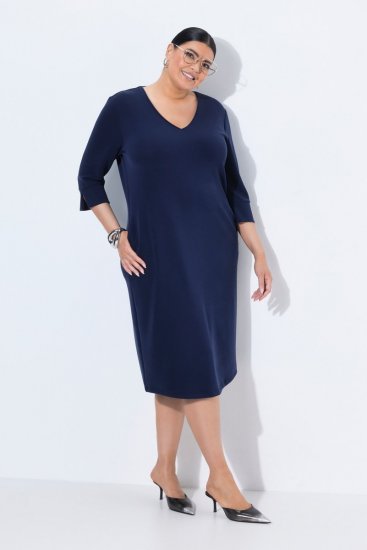 Ulla Popken 841952 Sweatjurk met V-hals Donkerblauw - Kleedjes - Jurken in elke maat