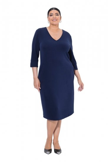 Ulla Popken 841952 Sweatjurk met V-hals Donkerblauw - Kleedjes - Jurken in elke maat