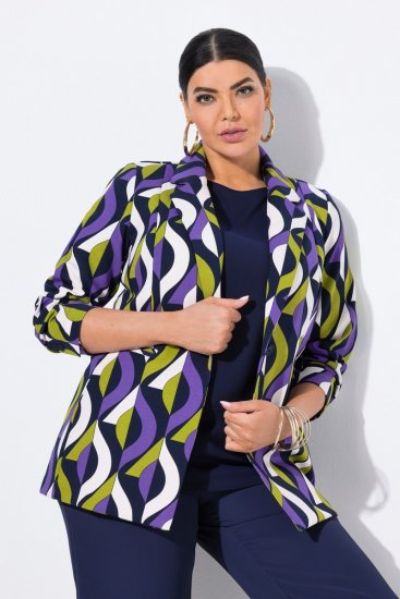 Ulla Popken 842680 Bedrukte jersey blazer van punto di roma Donkerblauw - Blazers - Damesblazers in grote maten