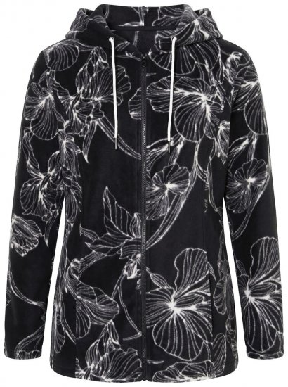 Ulla Popken 842758 Gebloemde fleecejas met capuchon Zwart - Fleecekleding - 