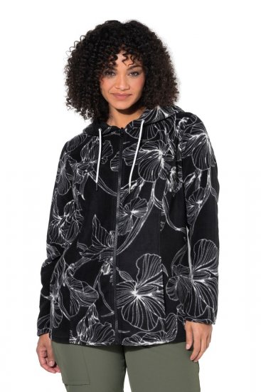 Ulla Popken 842758 Gebloemde fleecejas met capuchon Zwart - Fleecekleding - 