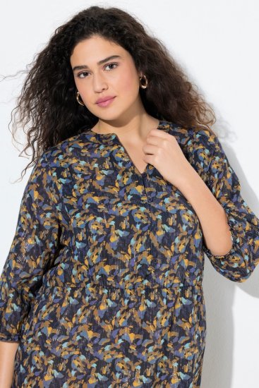 Ulla Popken 842936 Gestreepte jurk met driekwartmouwen Donkerblauw - Avondjurken - Grote maten avondkleding