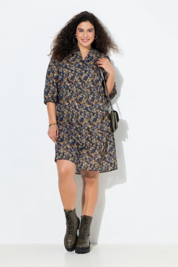 Ulla Popken 842936 Gestreepte jurk met driekwartmouwen Donkerblauw - Avondjurken - Grote maten avondkleding