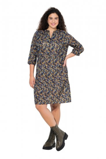 Ulla Popken 842936 Gestreepte jurk met driekwartmouwen Donkerblauw - Avondjurken - Grote maten avondkleding