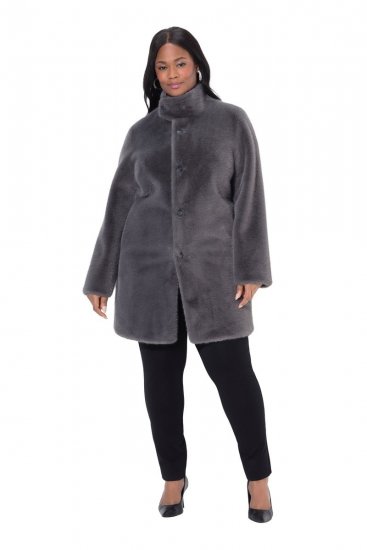 Ulla Popken 843003 Jas van nepbont met opstaande kraag Grijs - Jassen - Grote maten dames jassen