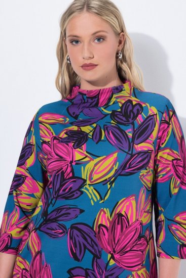 Ulla Popken 843180 Gebloemde jersey jurk Petrol - Kleedjes - Jurken in elke maat