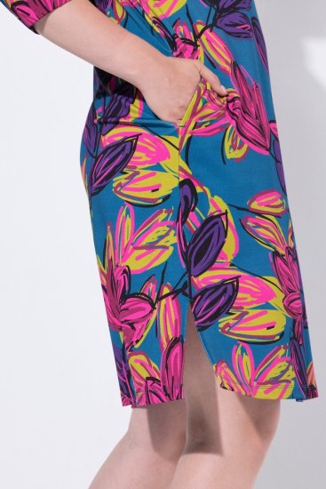 Ulla Popken 843180 Gebloemde jersey jurk Petrol - Kleedjes - Jurken in elke maat