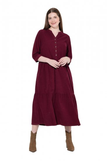 Ulla Popken 843383 Corduroy jurk met driekwartmouwen Wijnrood - Maxi jurken - Grote maten maxi jurken